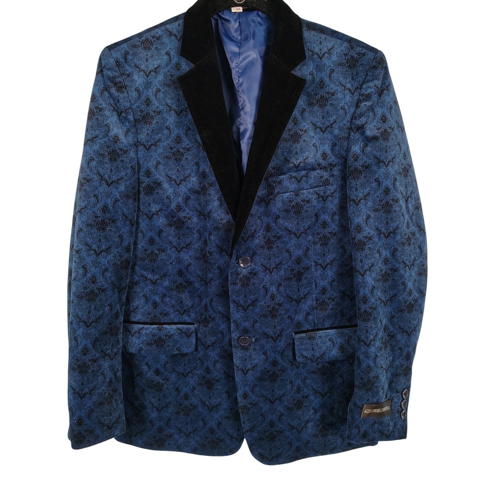 Kids World USA Boys SZ 14 Blazer Blue Damask Velvet Lapel Formal Royalcore